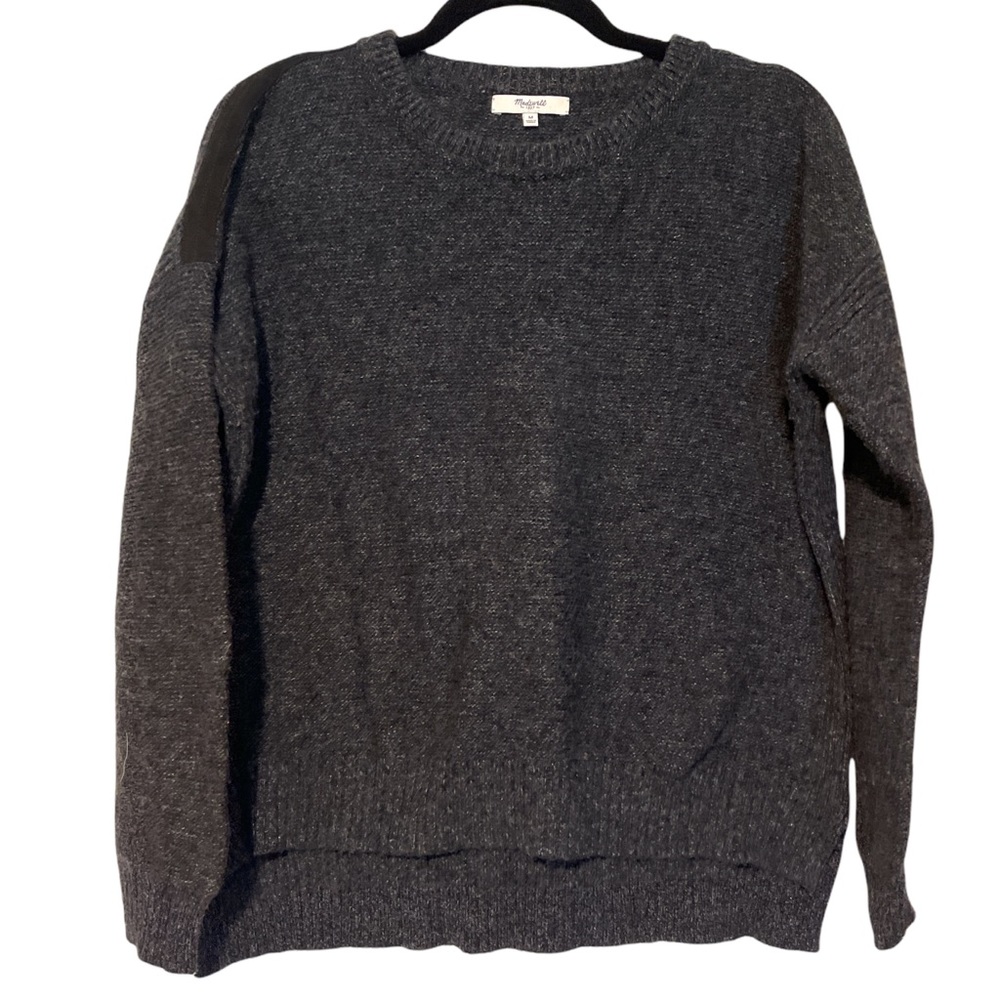 Madewell / J Crew Grey drop hem crop sweater with faux black stripe on shoulder